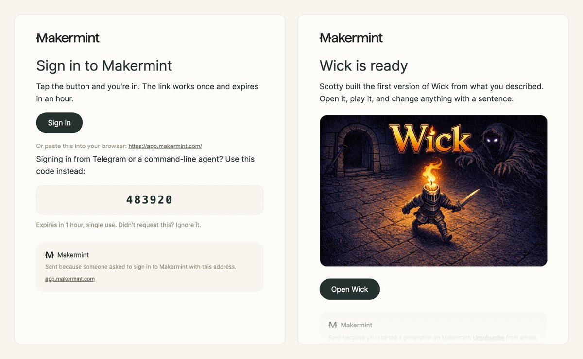 Two Makermint emails on the new design: a sign-in email with one Sign in button, and a mint-ready email showing the mint’s cover art and an Open button