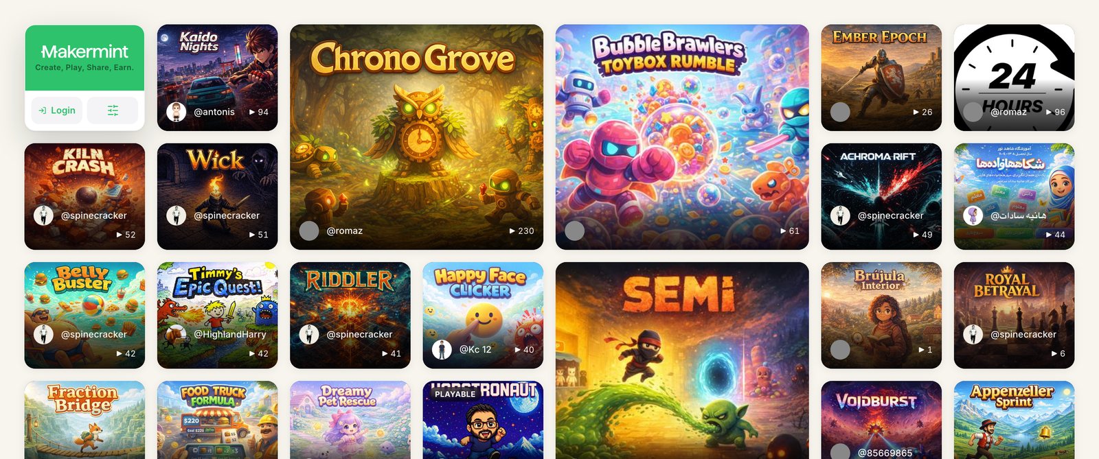 The Makermint front page: a wall of mint tiles led by the most-played, each showing its play count