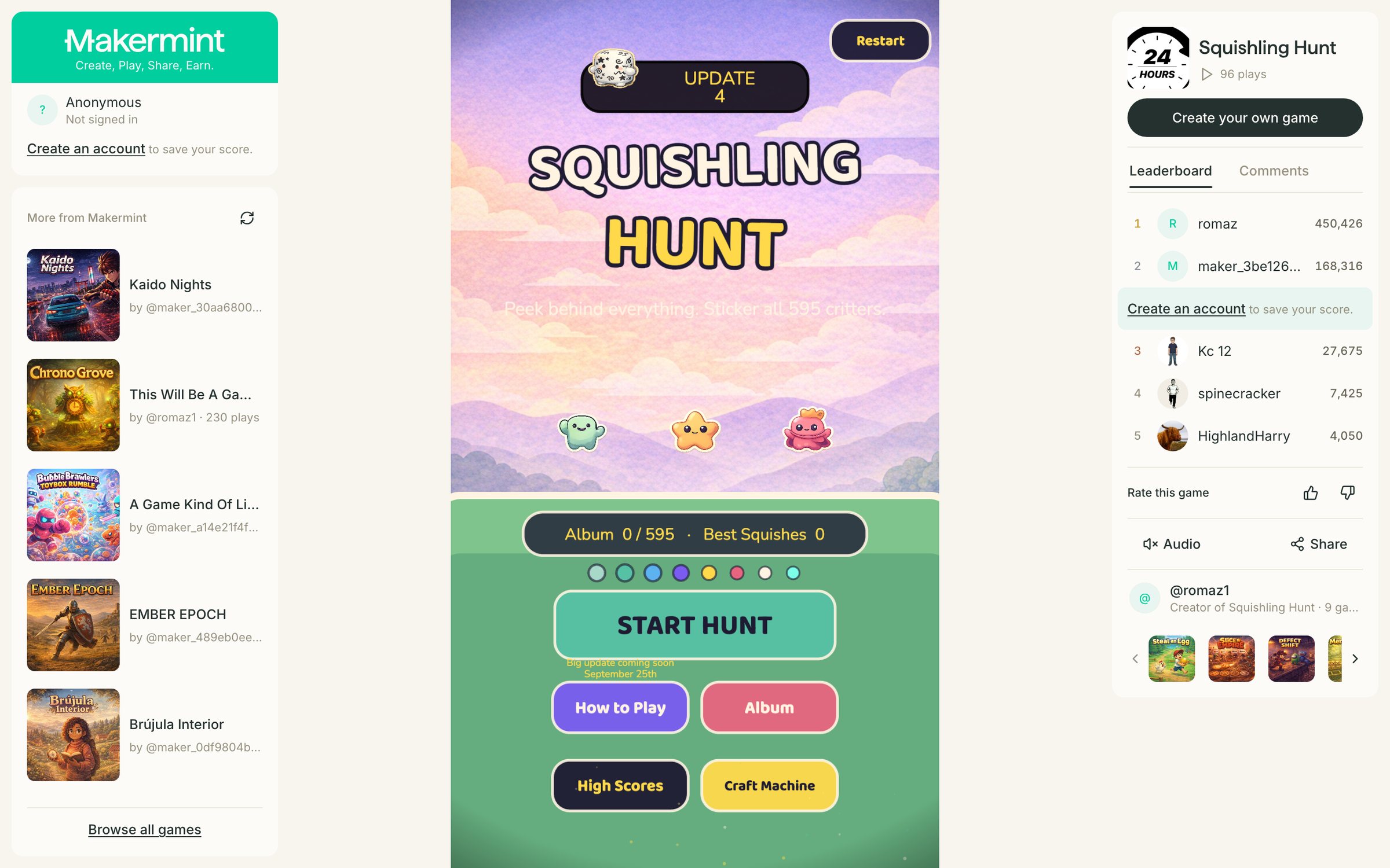 A Makermint play page: the mint in the middle, a leaderboard of top scores beside it with a rating, audio and share, the maker with a row of their other mints, and a rail of more mints to play on the left