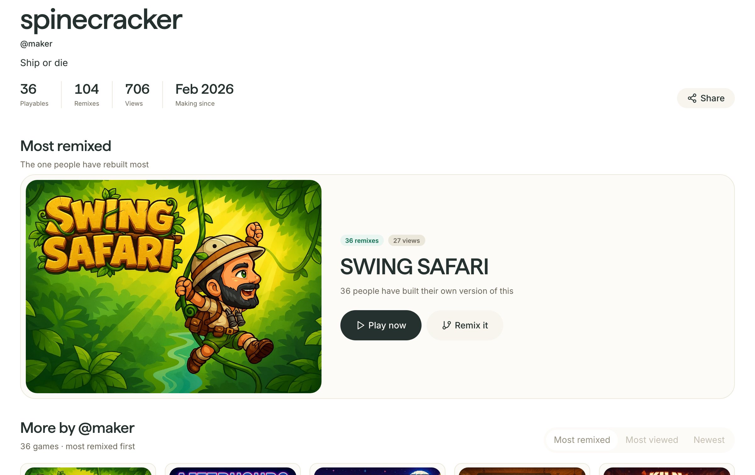 A maker’s page on Makermint: their name and handle, their mint, remix and play counts, a share button, and their most-remixed mint, Swing Safari, with Play now and Remix it