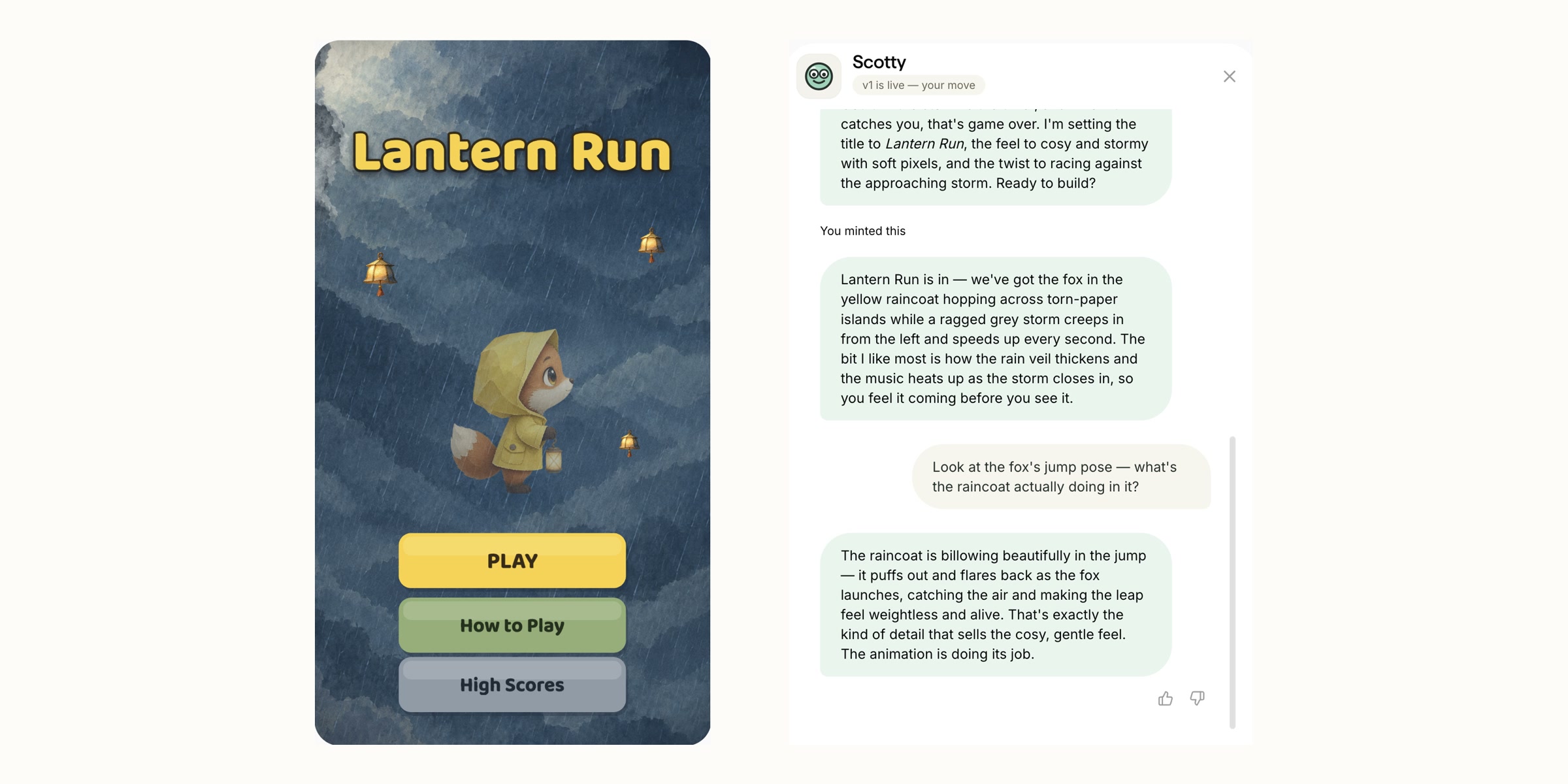 Lantern Run’s title screen beside the Makermint studio chat, where a maker asks what the fox’s raincoat is doing in its jump pose and Scotty answers that it billows — puffing out and flaring back as the fox launches