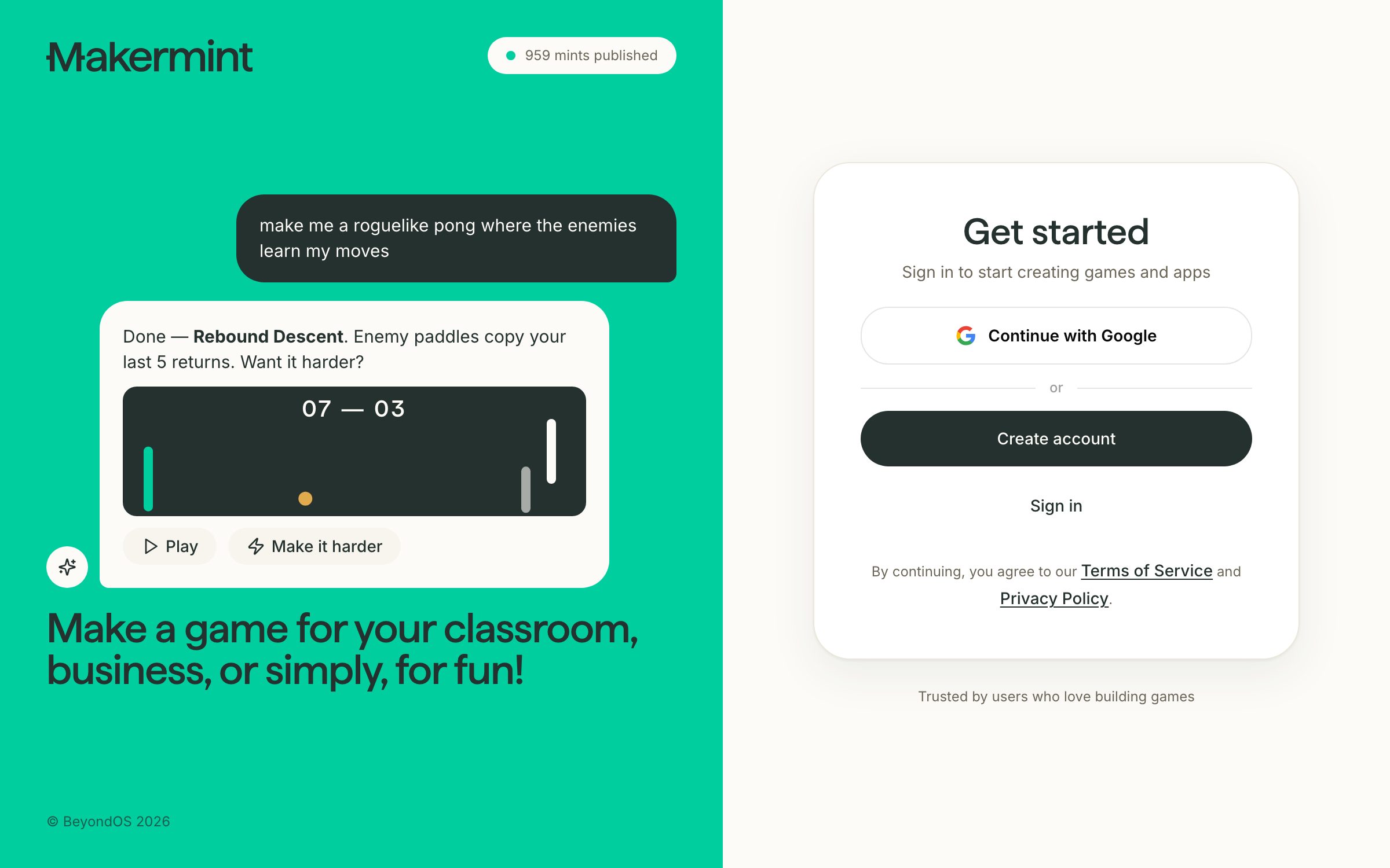 The Makermint sign-in page: a live count of mints published and an example mint you can play on the left, and Continue with Google, Create account and Sign in on the right