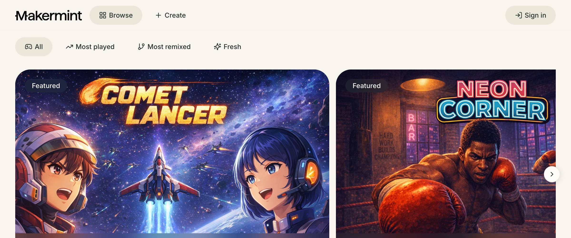 Makermint’s Browse page, signed out: All, Most played, Most remixed and Fresh filters above two featured mints, Comet Lancer and Neon Corner