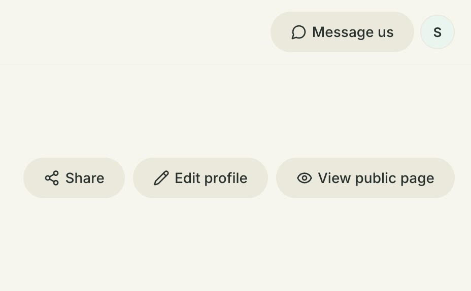 The top of our own profile, with the Message us button beside the profile circle, above the Share, Edit profile and View public page buttons
