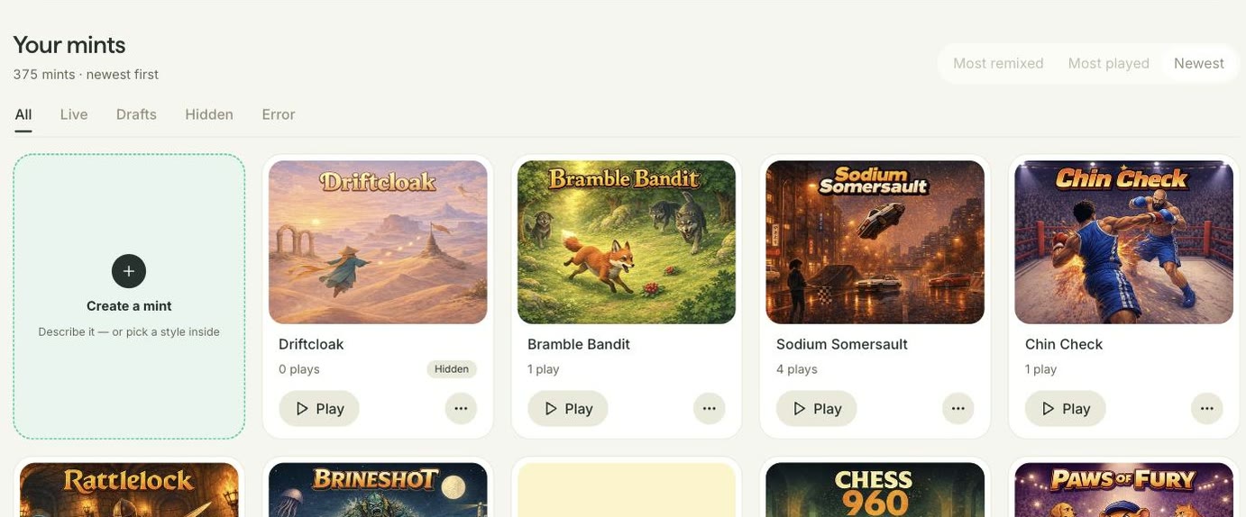 Our own profile’s Your mints section: 375 mints, newest first, with All, Live, Drafts, Hidden and Error tabs, three sorts, and cards for Driftcloak, Bramble Bandit, Sodium Somersault and Chin Check