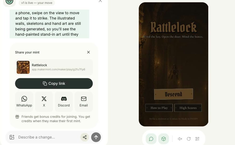 The share panel in the studio chat for Rattlelock, one of our own mints: its link, a Copy link button, WhatsApp, X, Discord and Email, with the game running beside the chat